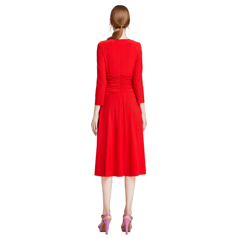 JJparty-D010 Women solid knit three-quarter sleeve mock wrap midi day dress