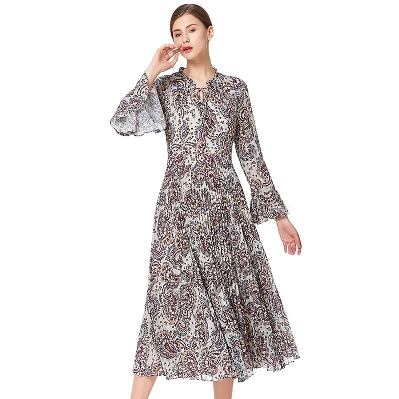 JJparty-D037 Women paisley print long sleeves sunburst pleated midi day dress