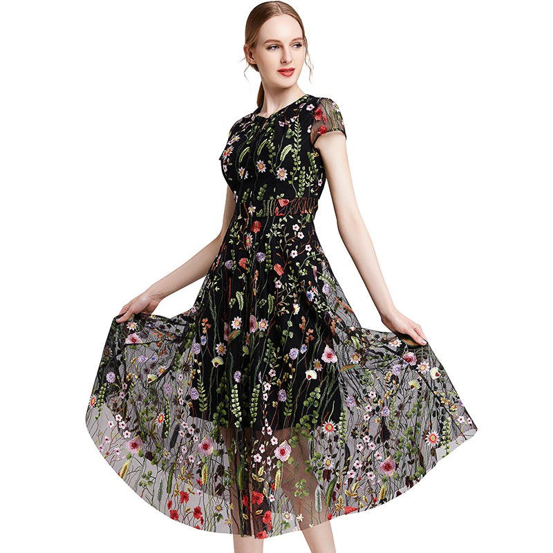 JJparty-D009 Women all-over floral embroidered tulle cap sleeves midi party dress