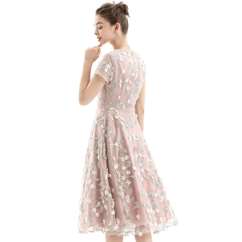 JJparty-D063 Women 3D flower embroidered organza V neck cap sleeves flared midi evening dress