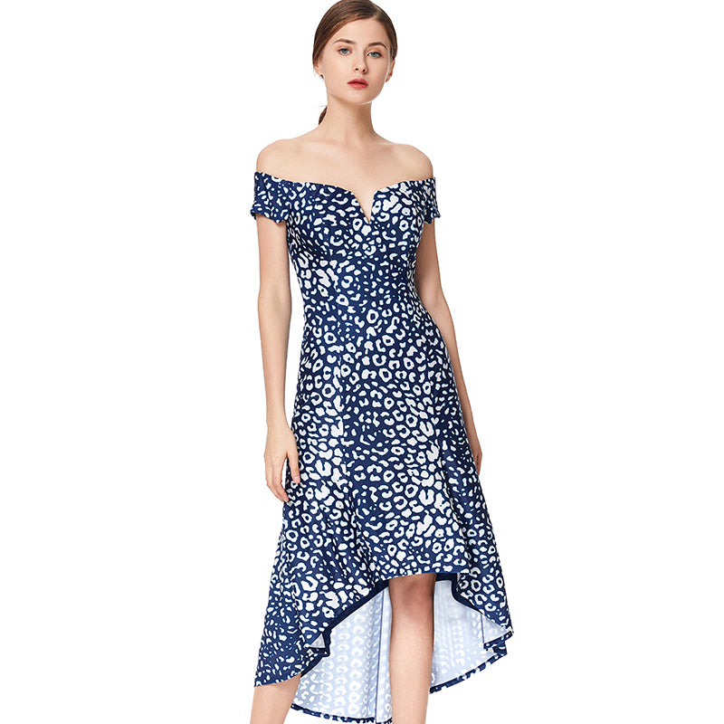 JJparty-D024 Women animal print off shoulder short sleeves asymmetric hem midi party dress
