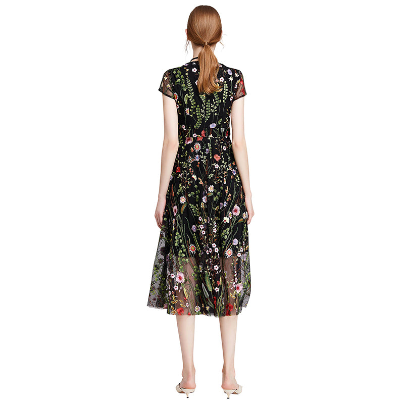 JJparty-D009 Women all-over floral embroidered tulle cap sleeves midi party dress
