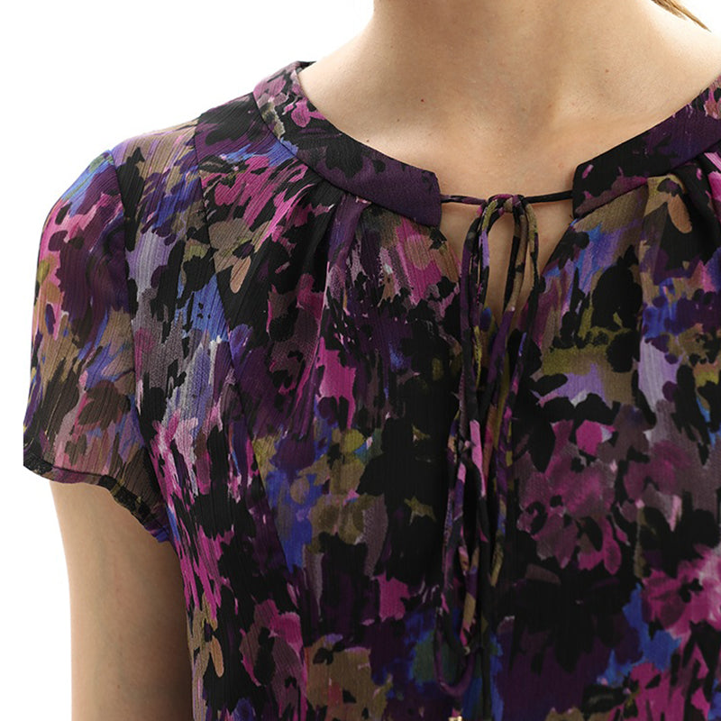 JJparty-D028 Women artistic floral print cap sleeves pleated midi day dress