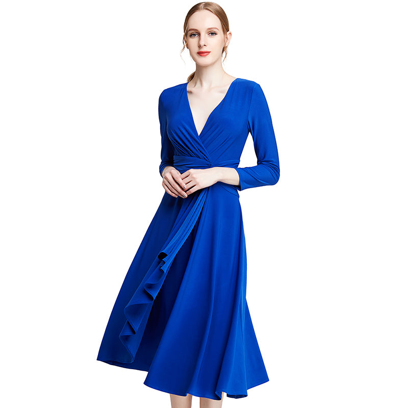 JJparty-D010 Women solid knit three-quarter sleeve mock wrap midi day dress