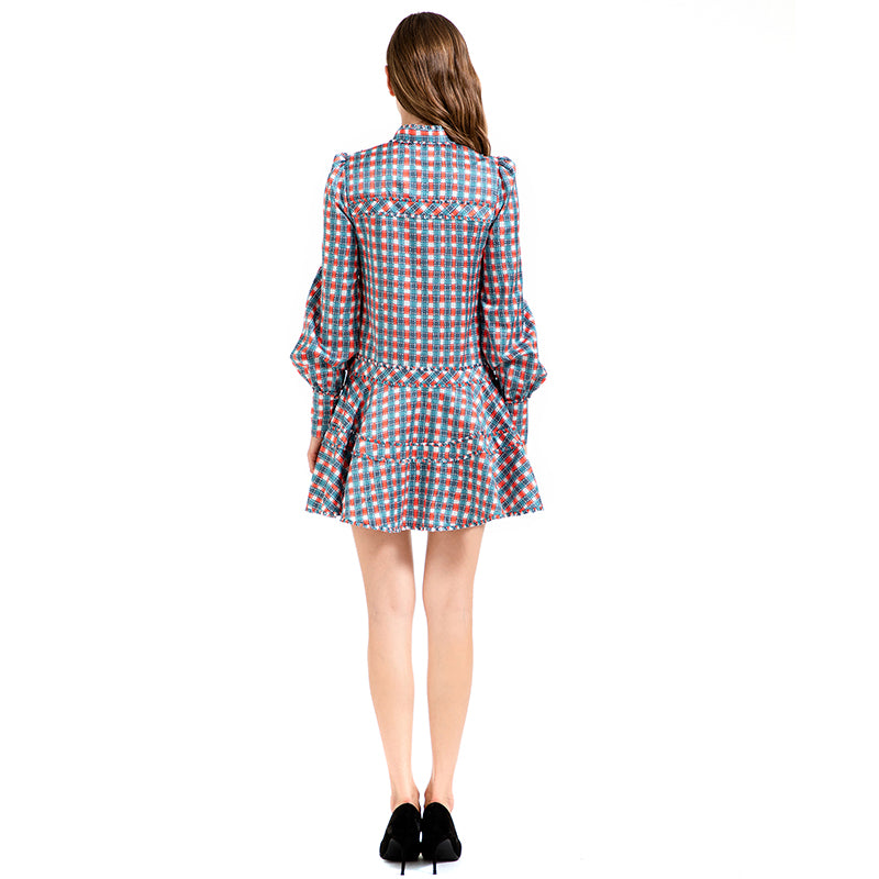 JJparty-D011 Women check print silk cotton long puff sleeves mini day dress