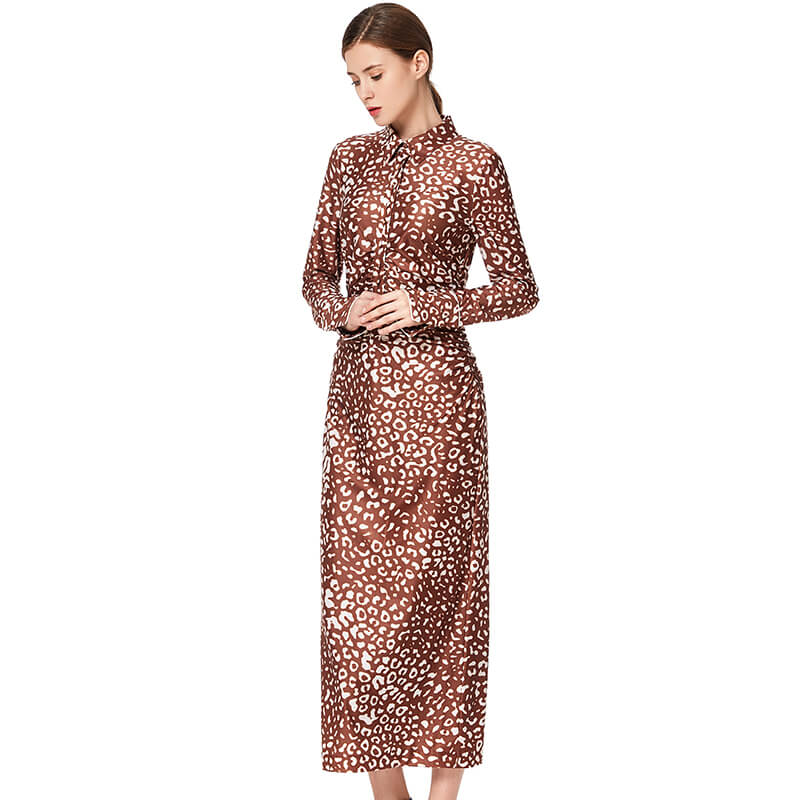 JJparty-D022 Women animal print long sleeves shirt collar midi day dress