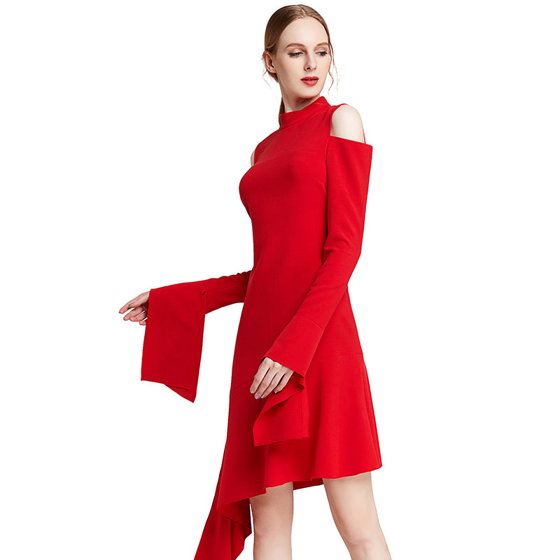 JJparty-D008 Women solid long sleeve cut out asymmetric hem mini party dress