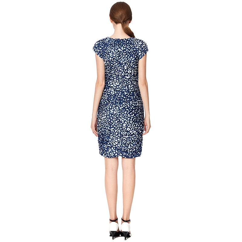 JJparty-D019 Women animal print V neck cap sleeves fitted mini day dress
