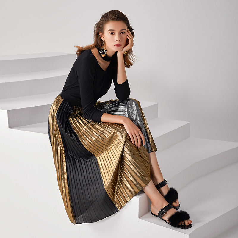 JJparty-C027A Women metallic printed color-block full circle sunburst pleated evening midi skirt
