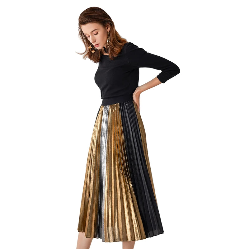 JJparty-C027A Women metallic printed color-block full circle sunburst pleated evening midi skirt