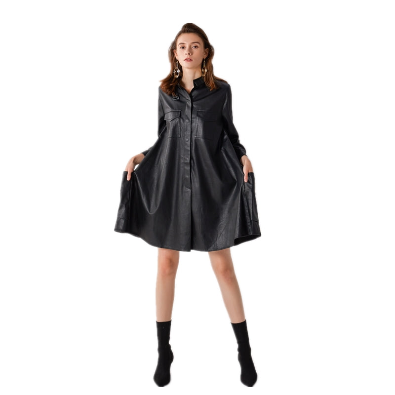 JJparty-7C56 Women faux leather band collar long sleeves A-shape midi shirt dress