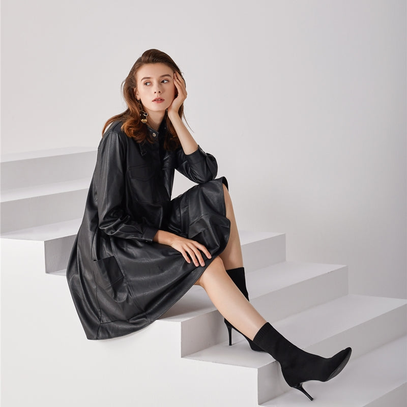 JJparty-7C56 Women faux leather band collar long sleeves A-shape midi shirt dress