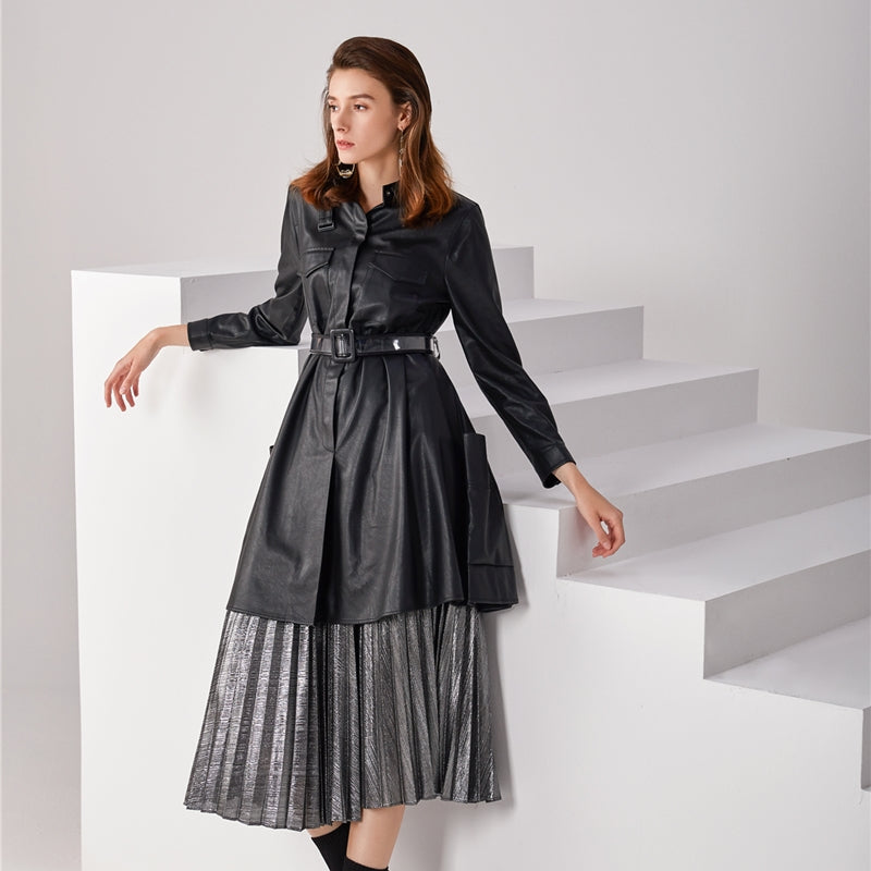 JJparty-7C56 Women faux leather band collar long sleeves A-shape midi shirt dress