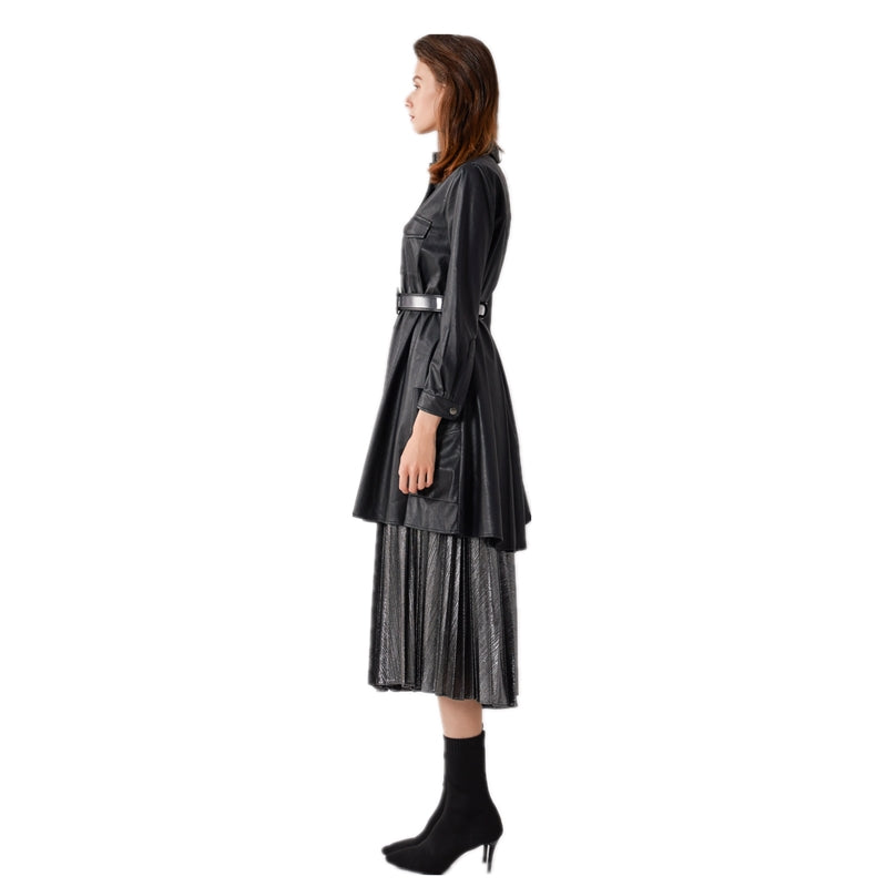 JJparty-7C56 Women faux leather band collar long sleeves A-shape midi shirt dress