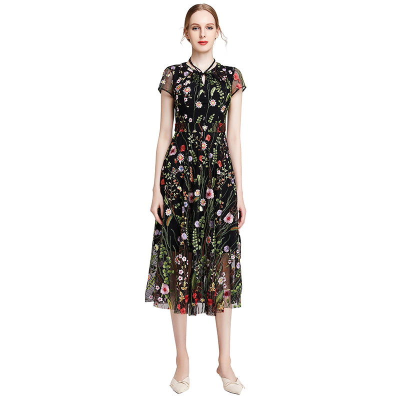 JJparty-D009 Women all-over floral embroidered tulle cap sleeves midi party dress