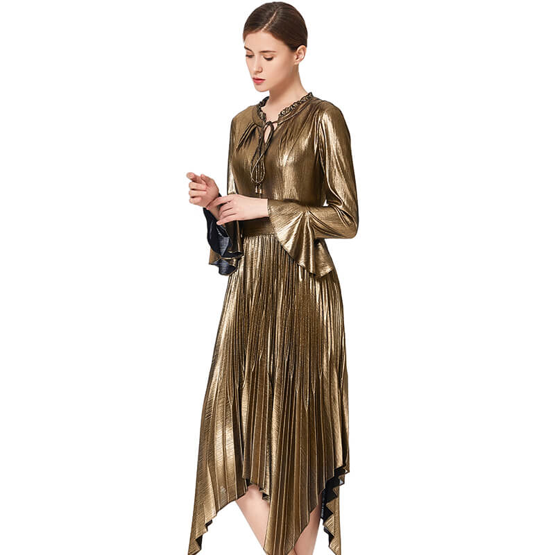 JJparty-D042 Women metallic knit long sleeves pleated handkerchief-hem midi party dress