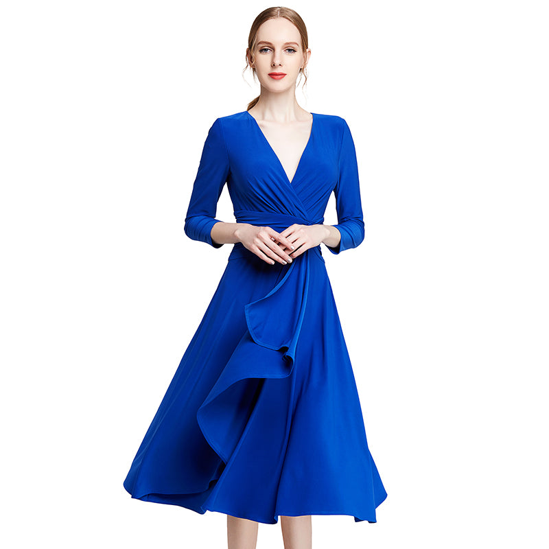 JJparty-D010 Women solid knit three-quarter sleeve mock wrap midi day dress