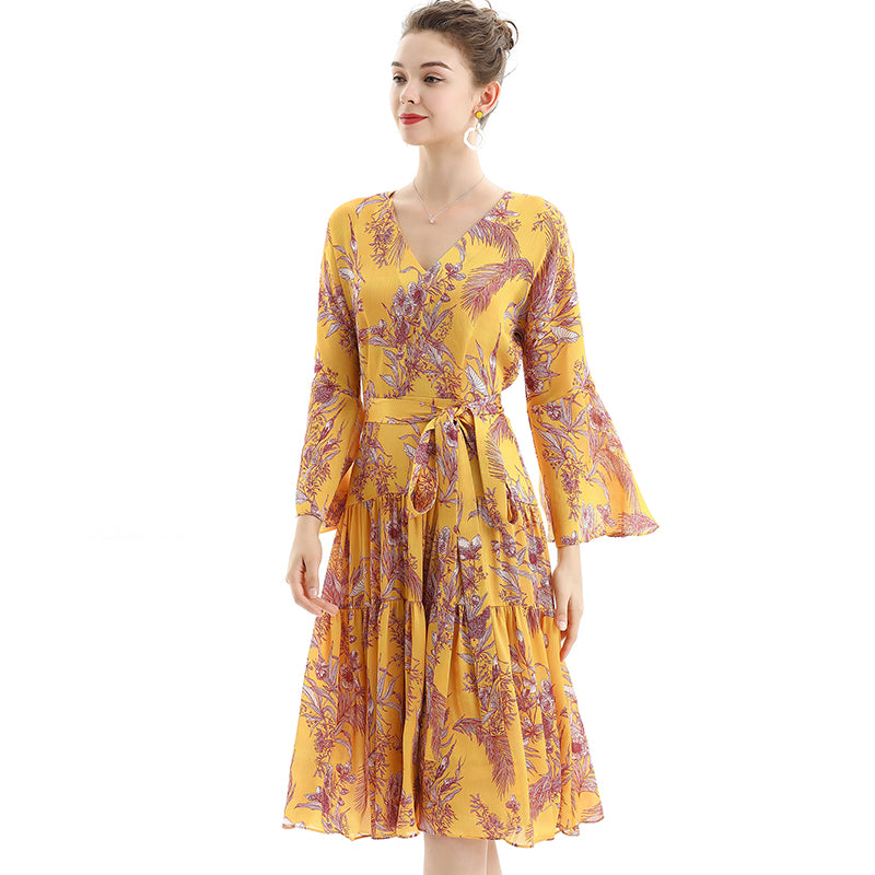 JJparty-D057 Women floral print three-quarter sleeves tiered design midi dress