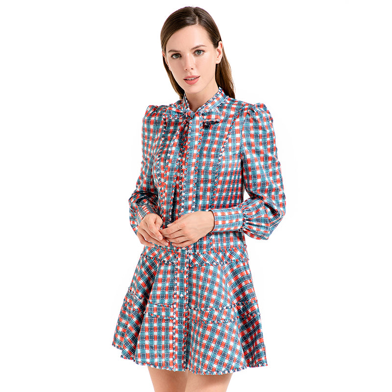 JJparty-D011 Women check print silk cotton long puff sleeves mini day dress