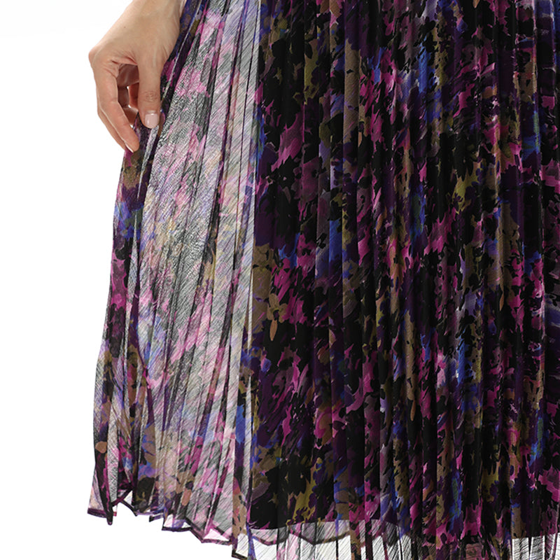 JJparty-D028 Women artistic floral print cap sleeves pleated midi day dress