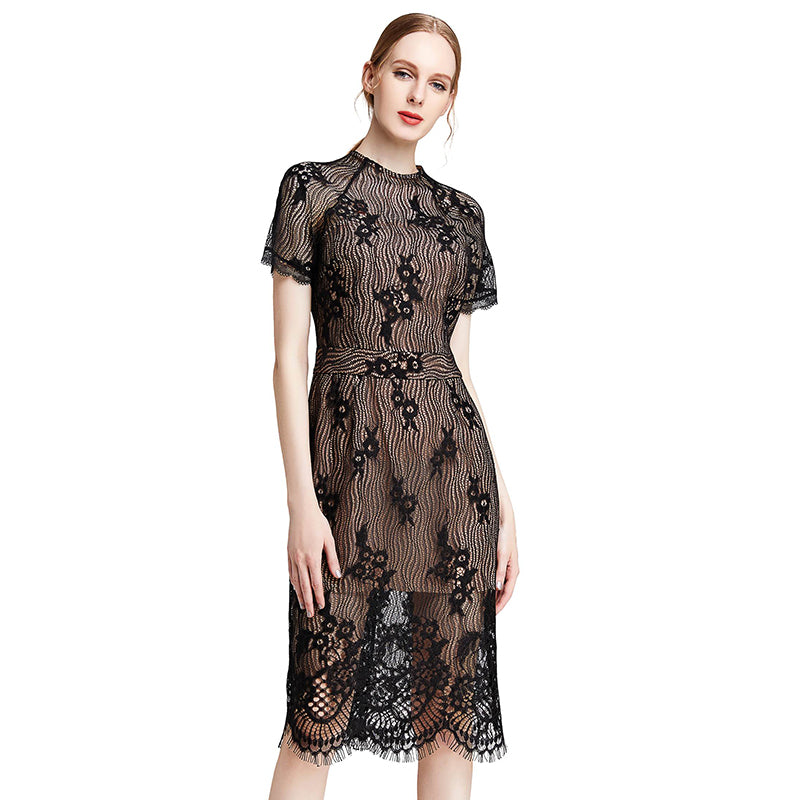 JJparty-D002 Women floral eyelash lace short sleeve midi fitted party dress