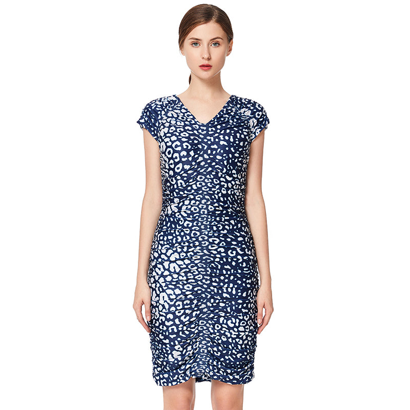 JJparty-D019 Women animal print V neck cap sleeves fitted mini day dress