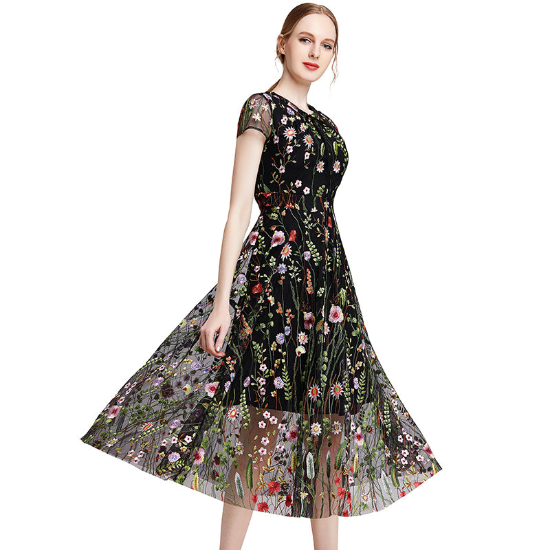 JJparty-D009 Women all-over floral embroidered tulle cap sleeves midi party dress