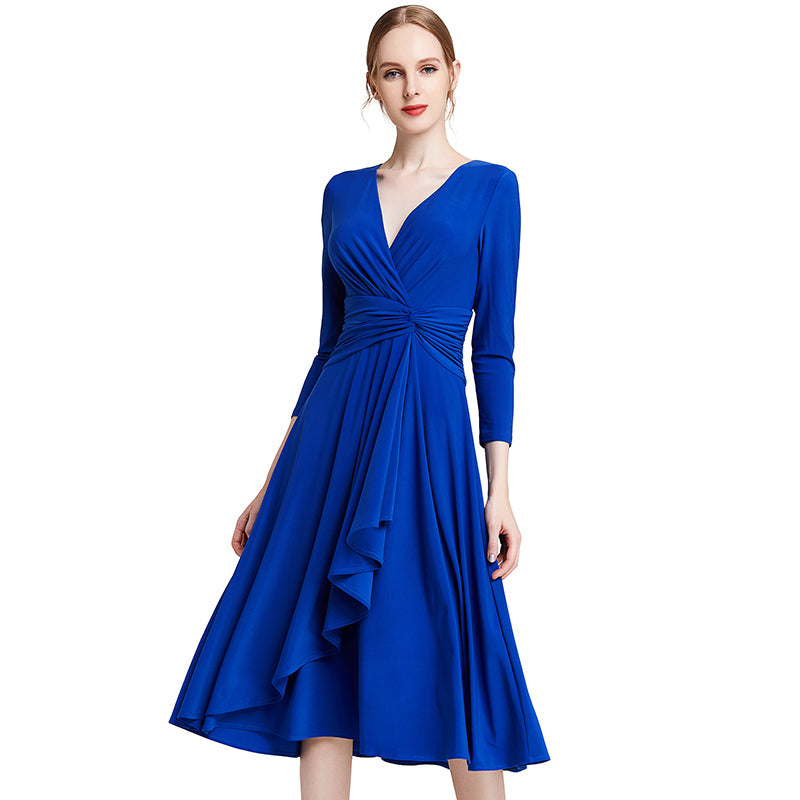 JJparty-D010 Women solid knit three-quarter sleeve mock wrap midi day dress