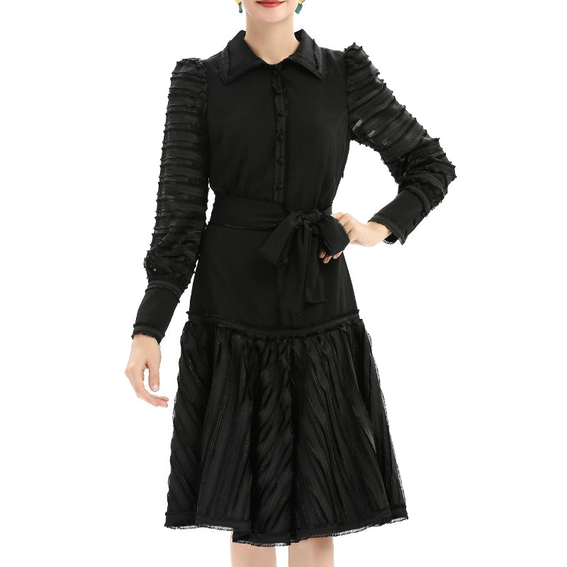 JJparty-D033 Women solid shirt collar long sleeves stripes detailing flared midi dress