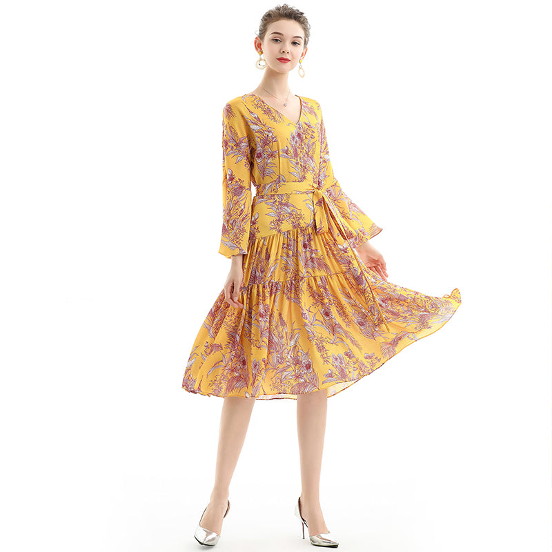 JJparty-D057 Women floral print three-quarter sleeves tiered design midi dress