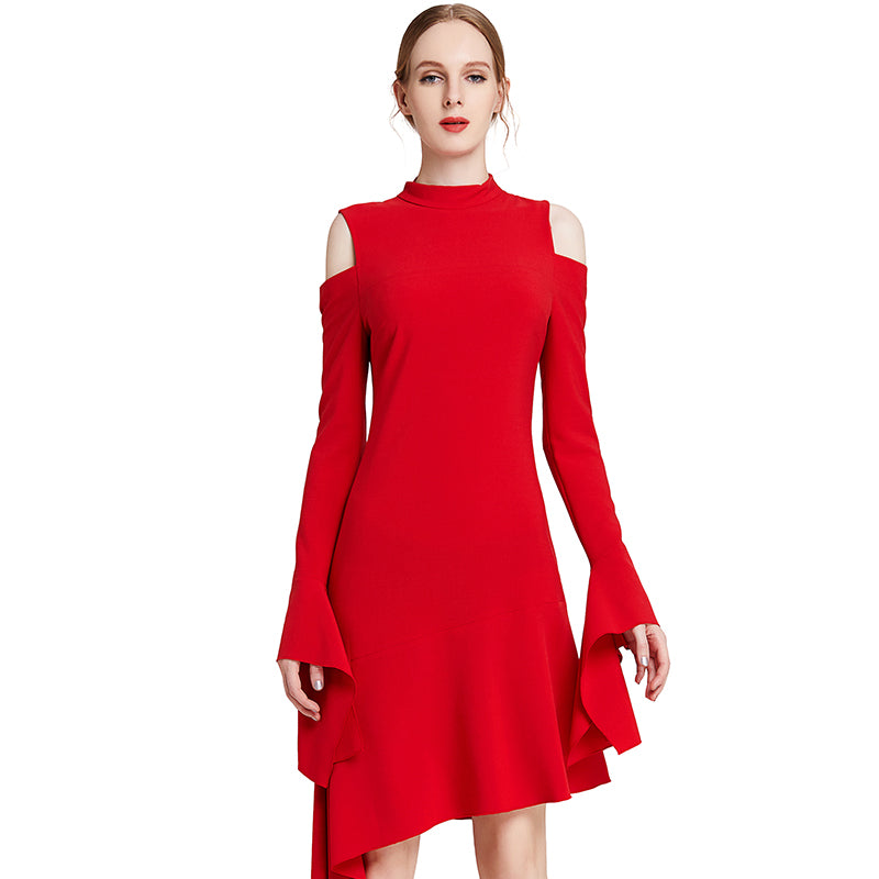 JJparty-D008 Women solid long sleeve cut out asymmetric hem mini party dress