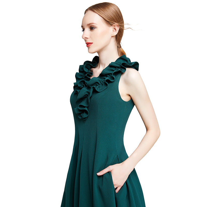 JJparty-D004 Women solid sleeveless ruched ruffle midi party dress