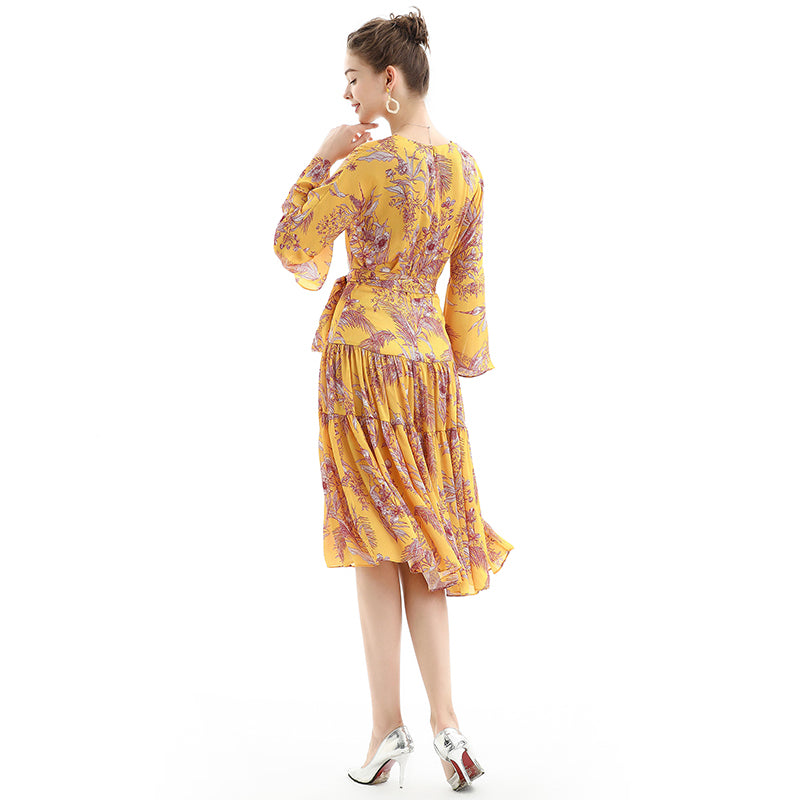 JJparty-D057 Women floral print three-quarter sleeves tiered design midi dress