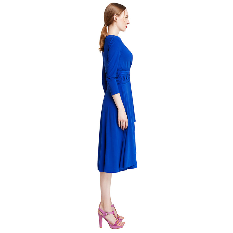 JJparty-D010 Women solid knit three-quarter sleeve mock wrap midi day dress