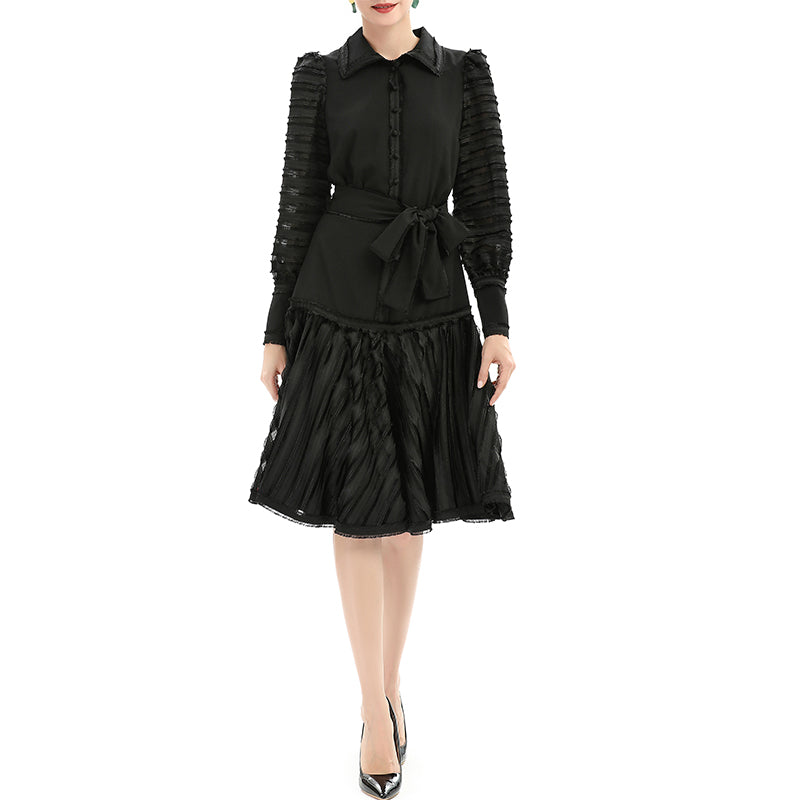 JJparty-D033 Women solid shirt collar long sleeves stripes detailing flared midi dress