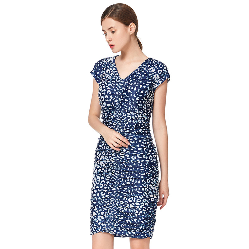 JJparty-D019 Women animal print V neck cap sleeves fitted mini day dress