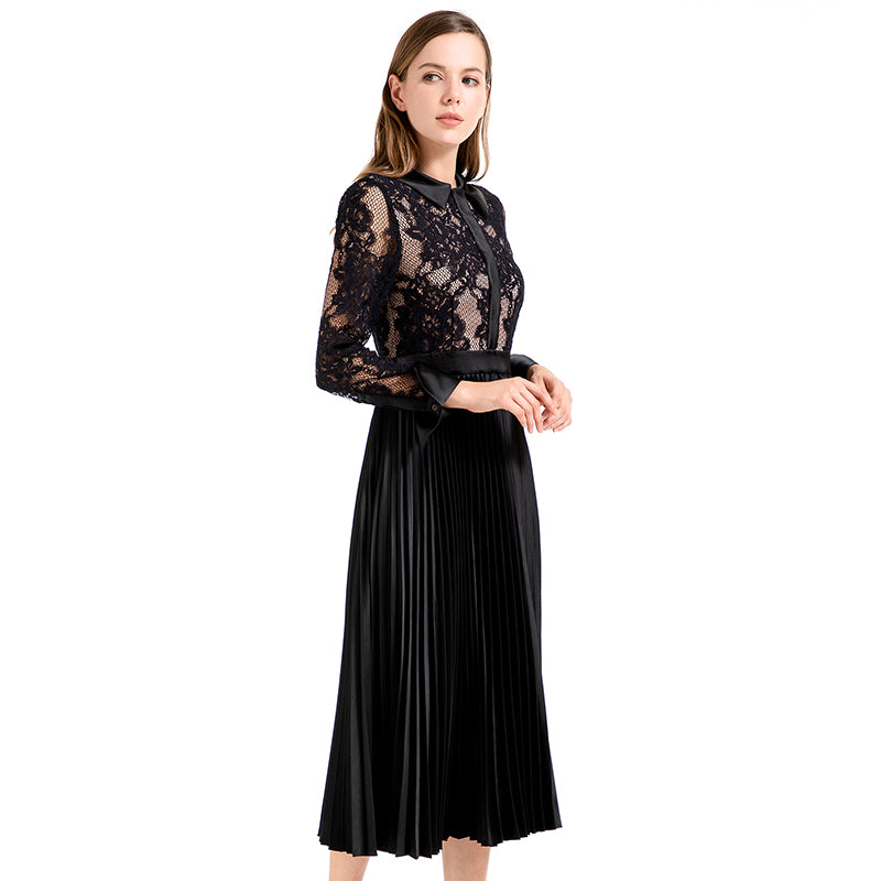 JJparty-D017 Women floral lace satin combo long sleeves shirt collar pleated midi party dress