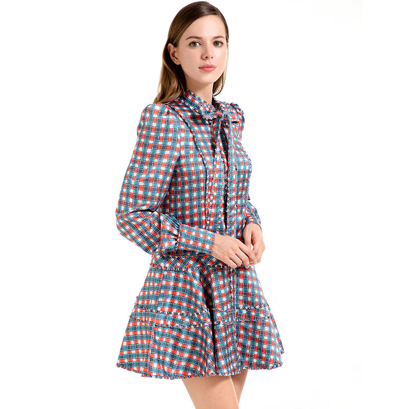JJparty-D011 Women check print silk cotton long puff sleeves mini day dress