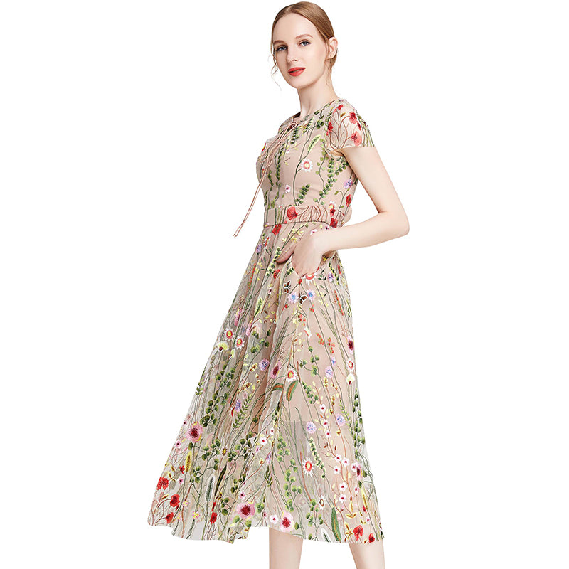 JJparty-D009 Women all-over floral embroidered tulle cap sleeves midi party dress