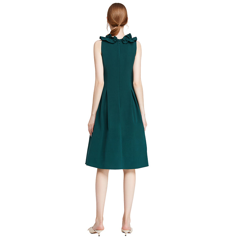 JJparty-D004 Women solid sleeveless ruched ruffle midi party dress