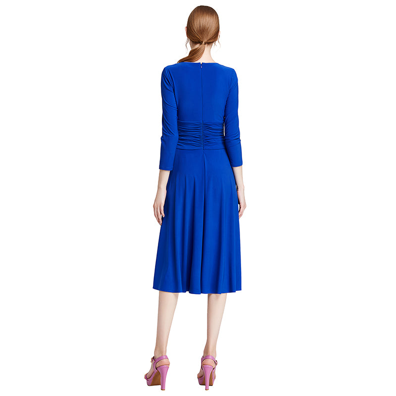 JJparty-D010 Women solid knit three-quarter sleeve mock wrap midi day dress