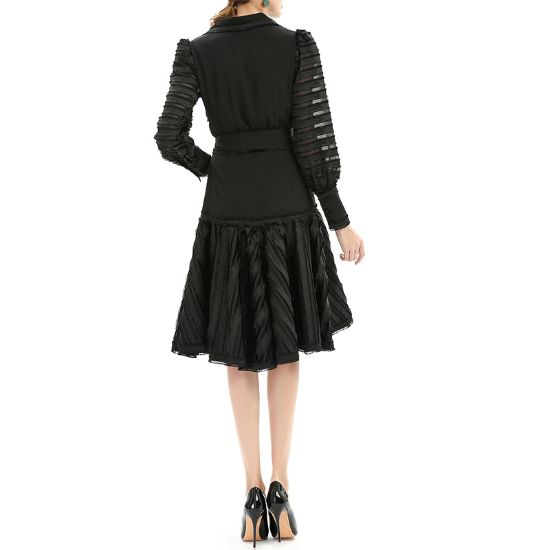 JJparty-D033 Women solid shirt collar long sleeves stripes detailing flared midi dress