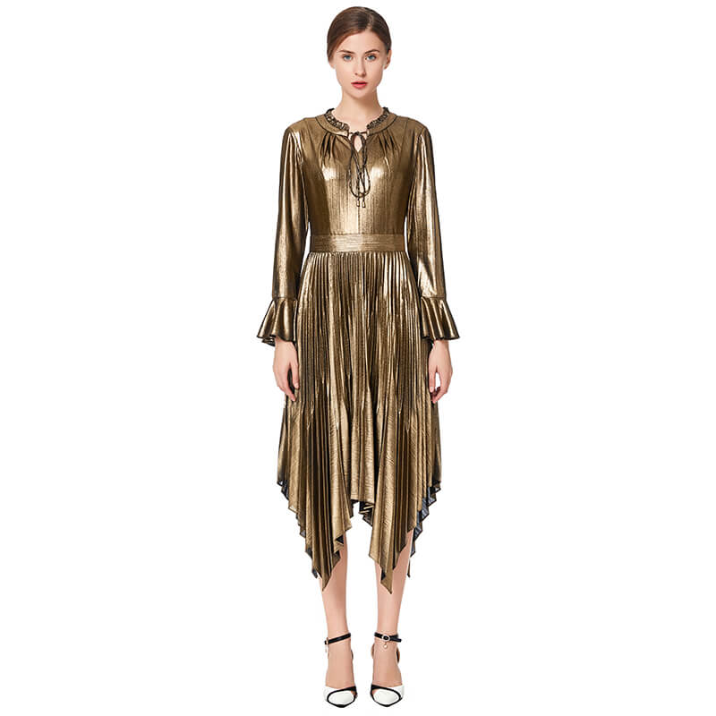 JJparty-D042 Women metallic knit long sleeves pleated handkerchief-hem midi party dress