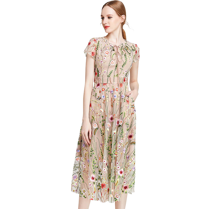 JJparty-D009 Women all-over floral embroidered tulle cap sleeves midi party dress