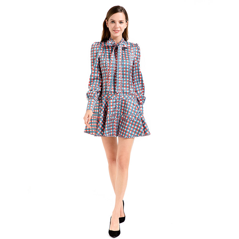 JJparty-D011 Women check print silk cotton long puff sleeves mini day dress