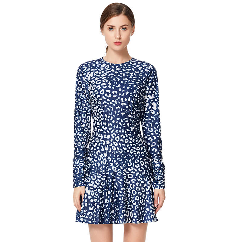 JJparty-D023 Women animal print round neck long sleeves flared mini day dress