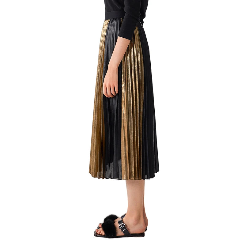 JJparty-C027A Women metallic printed color-block full circle sunburst pleated evening midi skirt