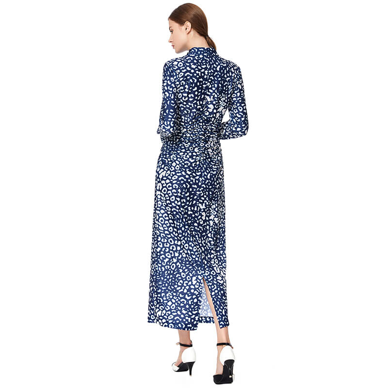 JJparty-D022 Women animal print long sleeves shirt collar midi day dress