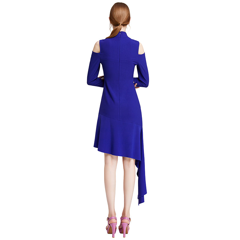 JJparty-D008 Women solid long sleeve cut out asymmetric hem mini party dress