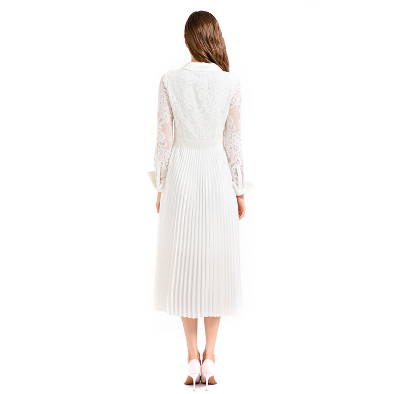 JJparty-D017 Women floral lace satin combo long sleeves shirt collar pleated midi party dress